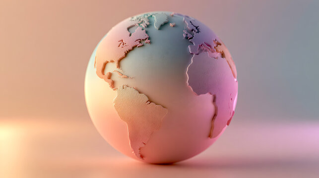 Pastel colored earth globe displays continents in a soft photorealistic rendering