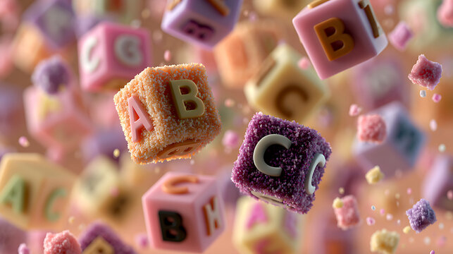 Floating alphabet blocks with textured surfaces in a pastel colored 3d render