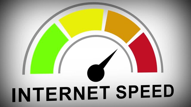 Dynamic internet speed test gauge animation showing rapid connection performance metrics with moving needle indicator for high-speed broadband network analysis, digital connectivity, and data