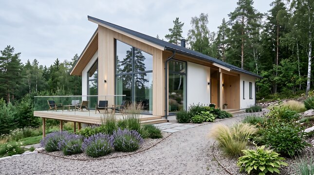 Modern Wooden Villa Exterior with Glass Windows, Patio Deck, and Forest Garden
