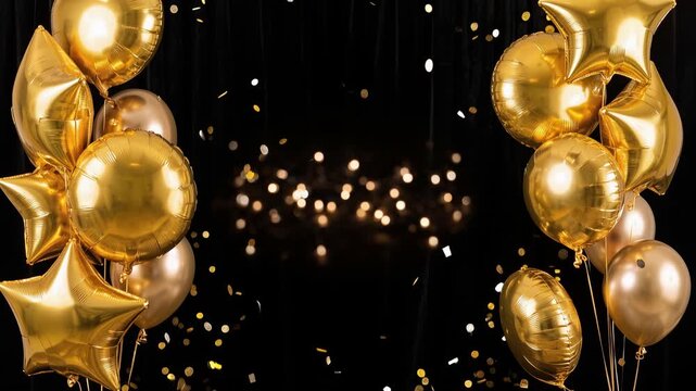 Gold luxury balloons floating with sparkling confetti against a deep black background, festive celebration, graduation, birthday, New Year, Christmas, award announcement and others, 4K video