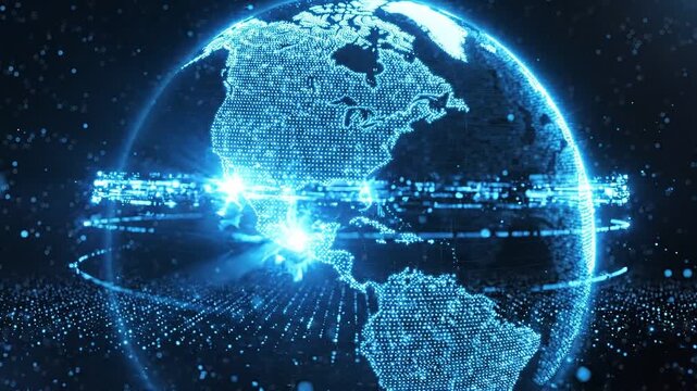 Glowing digital globe rotating from North America to South America with data streams and network particles. Global technology and communication concept.