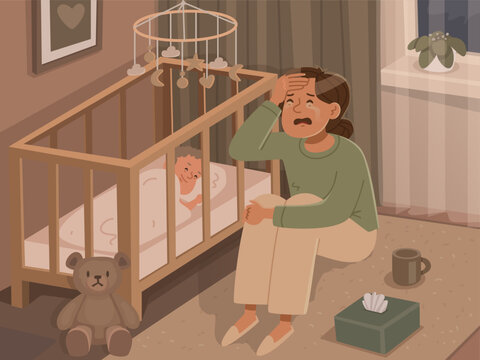 An exhausted mother suffering from postpartum depression sits by her baby's crib and cries. Flat style vector illustration