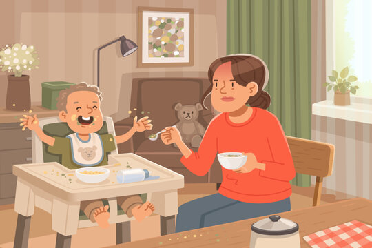 Disgruntled mother feeds her child, who is acting up and throwing food around. Flat style vector illustration