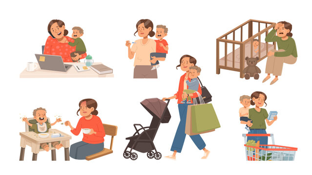 Collection of motherhood and raising young children issues. Flat style vector illustration