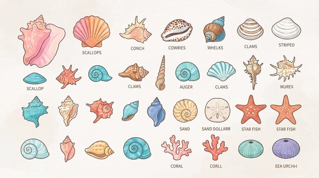 Set of hand drawn seashells and marine life illustrations