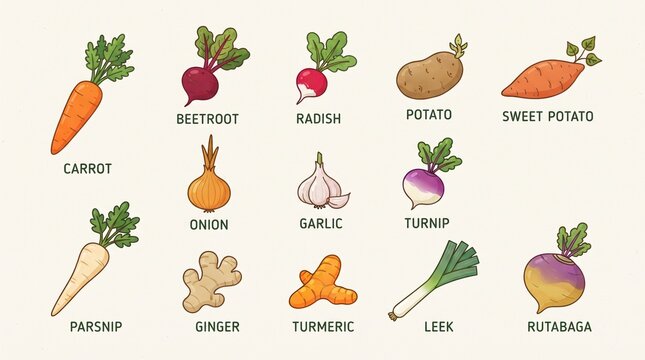 Set of hand drawn root vegetables and tubers with labels