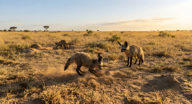 Bateared foxes playing in the sandy soil of the african savanna at sunset