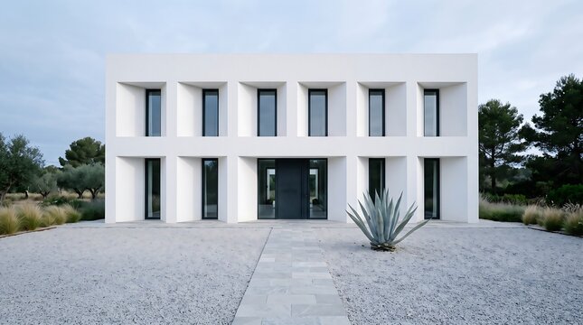 Modern Minimalist White Villa with Agave Plant Landscape