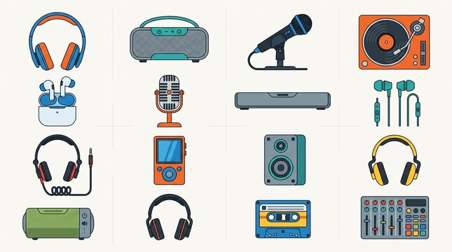 set of audio equipment and music devices icons