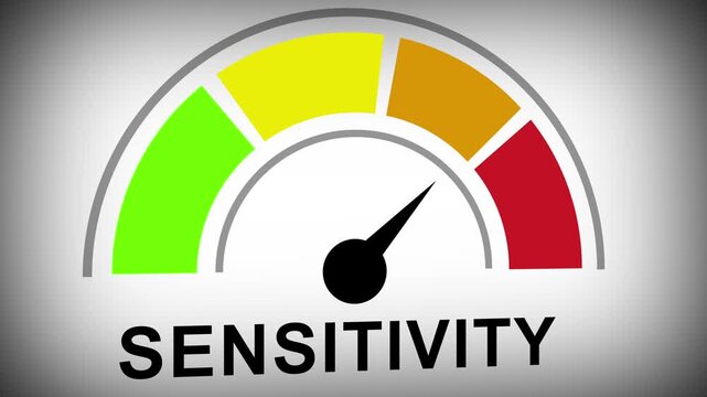 Dynamic sensitivity gauge meter animation featuring a moving needle indicating variable levels from low to risk, data analysis, risk assessment, performance monitoring, and business metrics