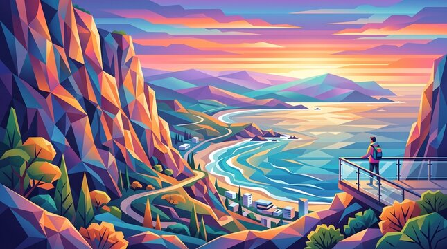 Traveler standing on a viewpoint overlooking a colorful coastal landscape