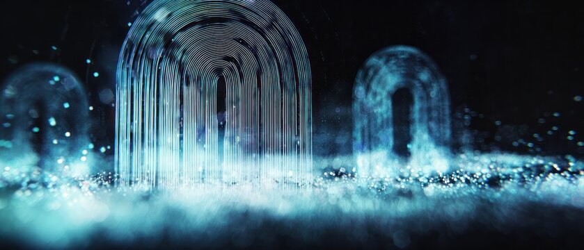 Glowing blue energy arcs with particles in dark environment