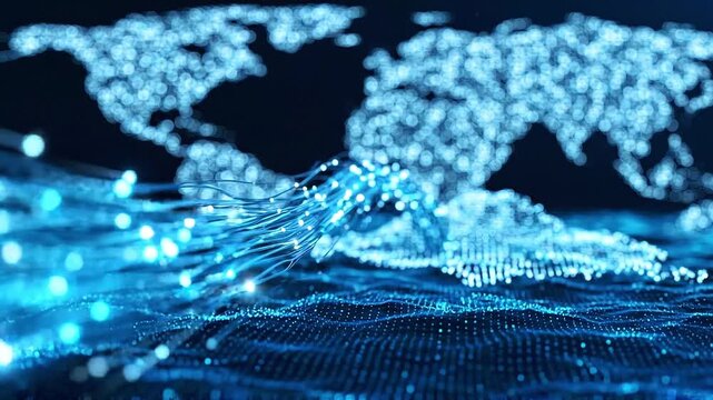 Glowing fiber optic network connecting a digital world map through flowing data waves, illustrating global communication, internet infrastructure, and advanced technology