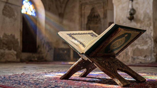 Open Quran on a wooden stand in a mosque with sun rays