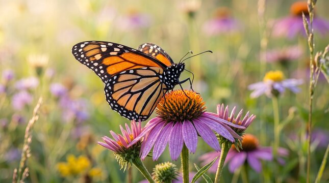 Monarch butterfly on purple coneflower in summer garden