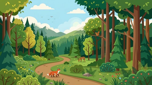 Forest landscape with winding path and wildlife animals