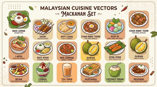 Malaysian cuisine food vector illustrations set