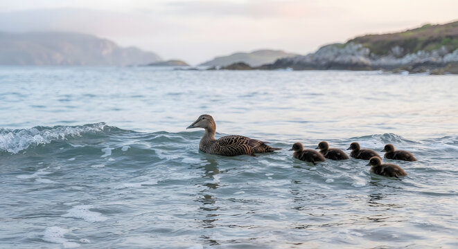 Common eider duck swimming with her ducklings in the ocean waves