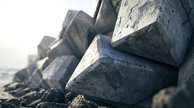 Concrete dolosse armor units form a coastal defense structure along the shoreline