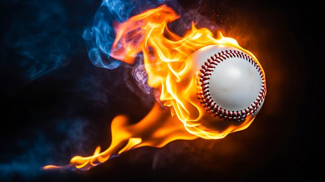 Baseball surrounded by flames and smoke on dark dramatic background