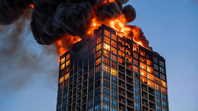 Modern high rise building engulfed in flames and thick black smoke