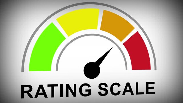 Dynamic rating scale gauge animation featuring a moving needle swinging across color-coded performance levels from green to red for business analytics, customer satisfaction metrics, and data