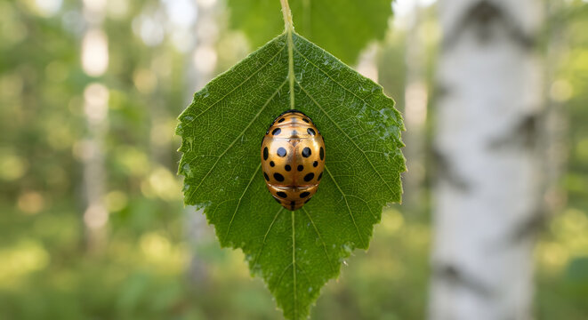 A golden ladybug pupa resting on a green birch leaf in the forest