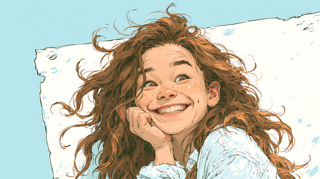 Hand drawn illustration of a smiling young girl with curly brown hair