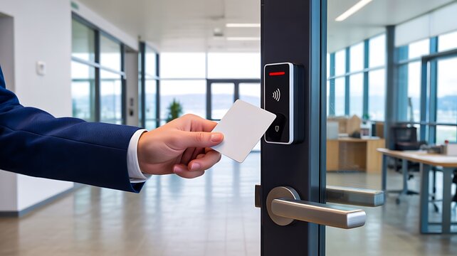 Hand using access card on electronic door lock in modern office