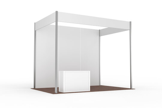 Expo trade show exhibition booth standard 3x2m three way open for presentation in perspective isolated on background mockup 3d rendering 