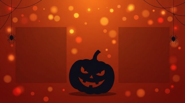 Flat Illustration Deep Red Orange Gradient Background Bokeh Light Black Silhouette Leaning Pumpkin

