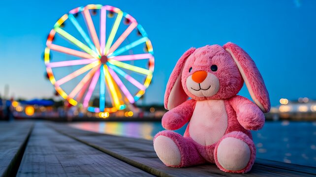 Pink teddy bear sitting near colorful ferris wheel at amusement park