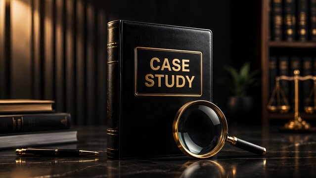 Black leather book with gold case study text and magnifying glass. Concept of legal research documentation, business analysis, and investigation.
