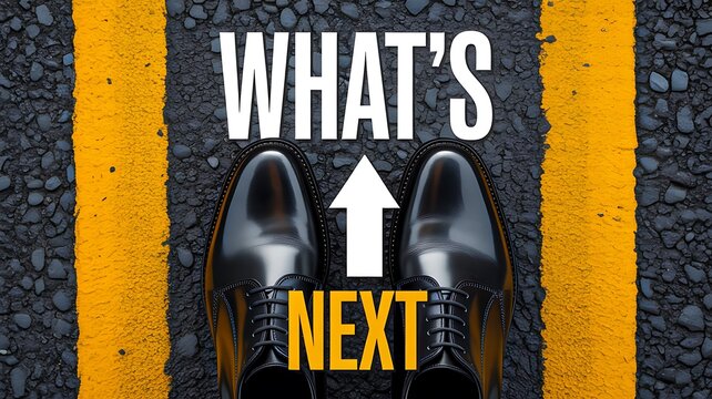 Black shoes standing between yellow lines with direction choice concept