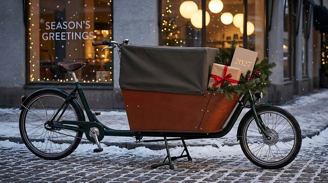 Cargo bicycle with christmas gifts and season greetings sign parked on a snowy cobblestone street in the evening