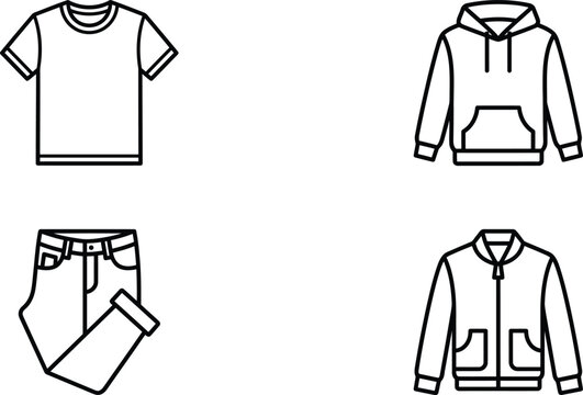 Minimalist clothing line icons, casual apparel vector set of 4 elements, t-shirt hoodie and jacket outlines for fashion retail