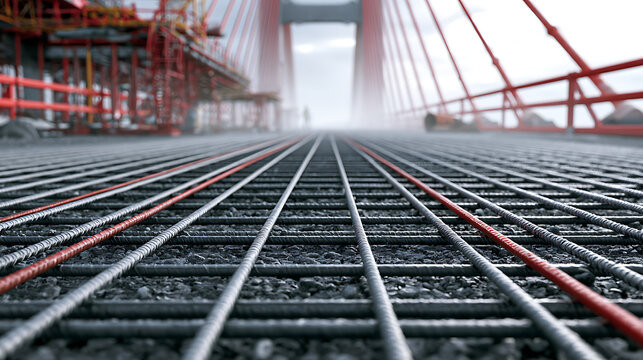 Steel reinforcement bars arranged on a bridge deck during construction