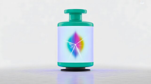 Futuristic medicine bottle with glowing digital symbol on white background