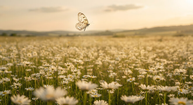 A delicate butterfly flying over a vast field of blooming white daisies at sunset