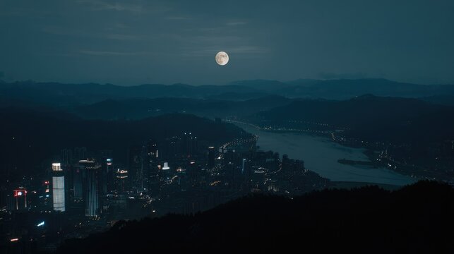 High-Angle Urban Night View of Giant Full Moon Above City Skyline at Blue Hour