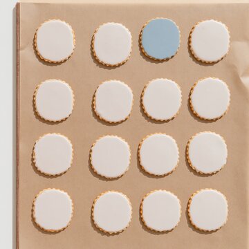 Decorated biscuits arranged in a grid on parchment paper, featuring muted lavender icing and one blue accent for festive baking and packaging design