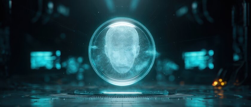 Futuristic holographic human face display in digital environment