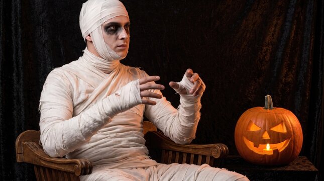 A captivating portrait of a person dressed as a mummy illuminated by the warm glow of a jack o' lantern on halloween