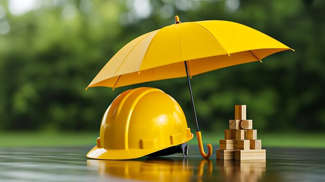 Yellow safety helmet and umbrella protecting construction equipment from rain