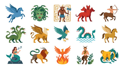 Obraz premium Mythology Flat Vector Illustration Set of Mythical Creatures and Legendary Monsters from Ancient Greece