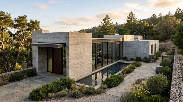 Modern Concrete House with Pool and Forest View