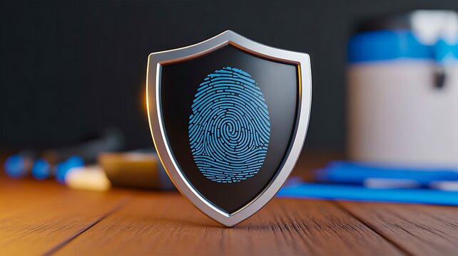 Cybersecurity shield with fingerprint protection on digital technology background