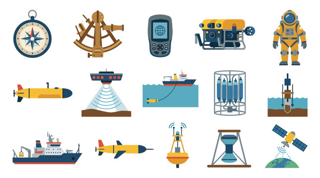 Flat Design Oceanography  Marine Science Research Equipment Icons. Underwater Exploration, Navigation Tools Vector Set.