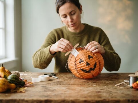 Person repairing a broken orange pumpkin paper lantern using a wooden stick and white tape, a gentle scene for sustainability and seasonal content